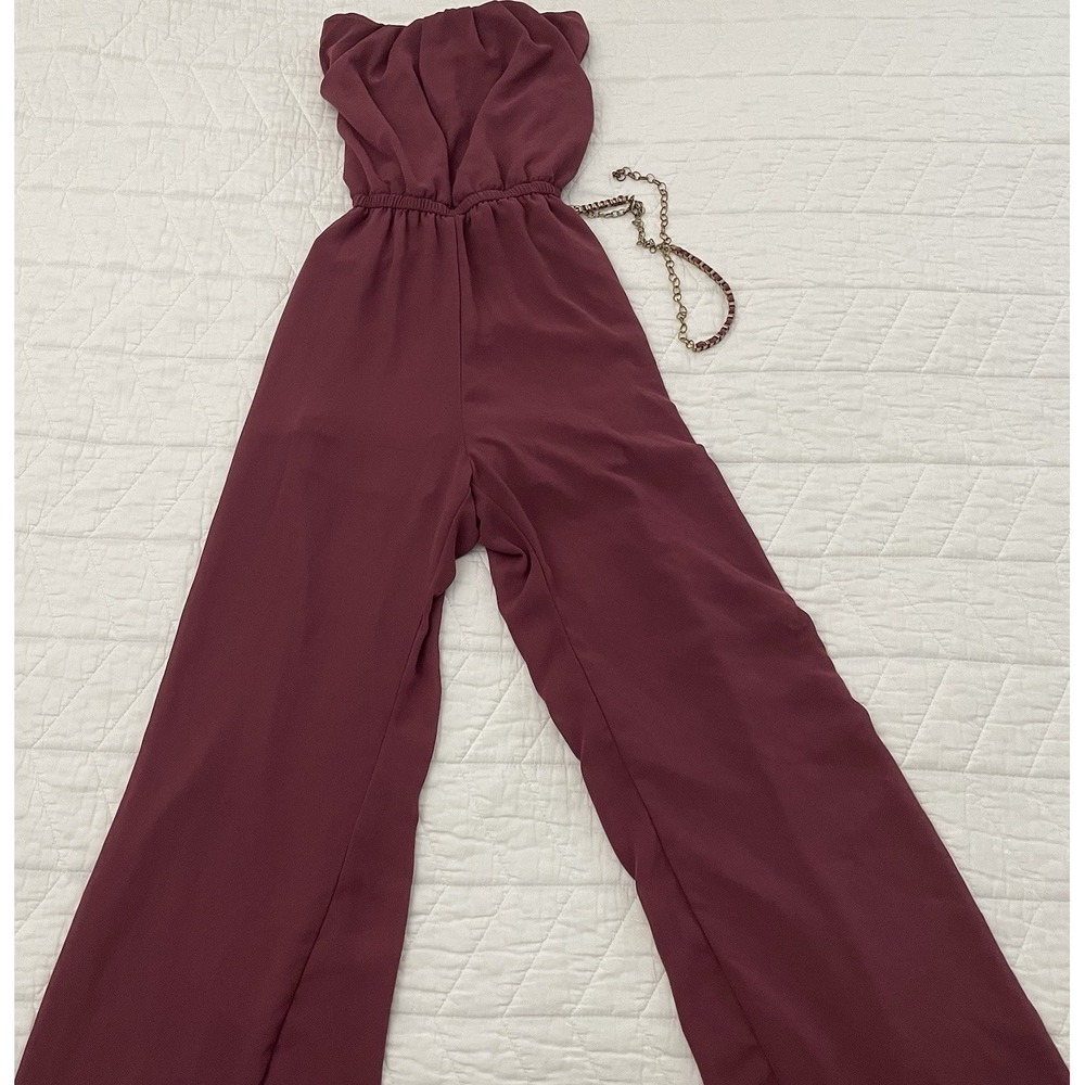 IRIS Burgundy Strapless Wide-Leg Jumpsuit Size M Chain Belt Polyester